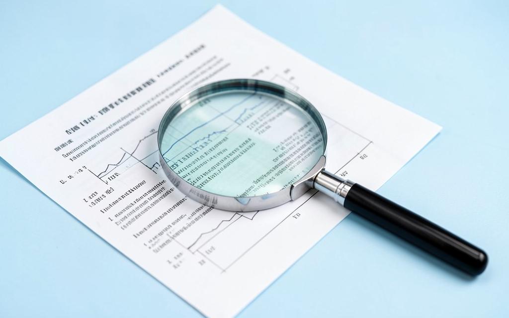 Lupa sobre documento com gráficos, em superfície azul clara