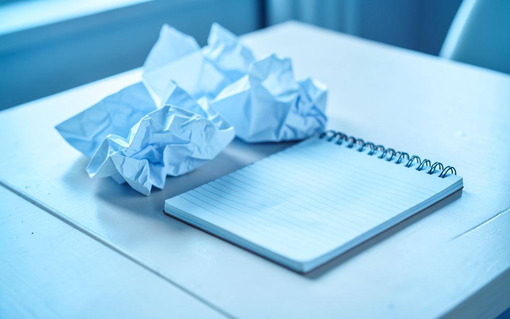 Papéis amassados ao lado de um caderno aberto sobre mesa clara