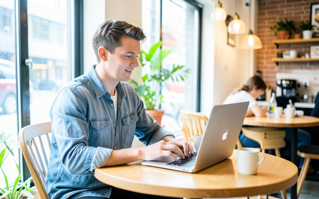 Homem trabalhando com notebook em mesa de cafeteria iluminada