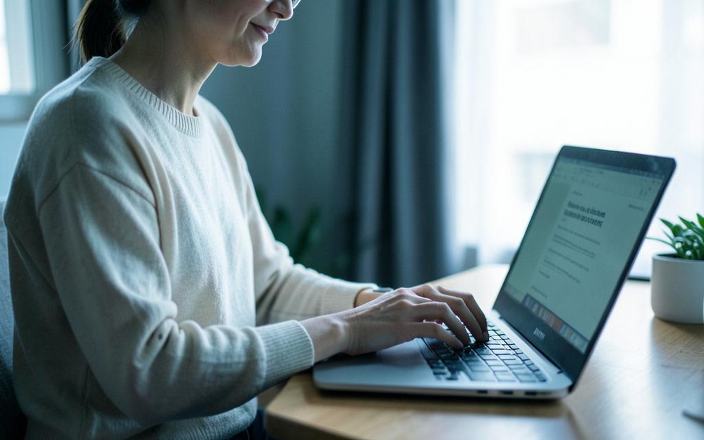 Pessoa digitando em um notebook em casa, com luz natural