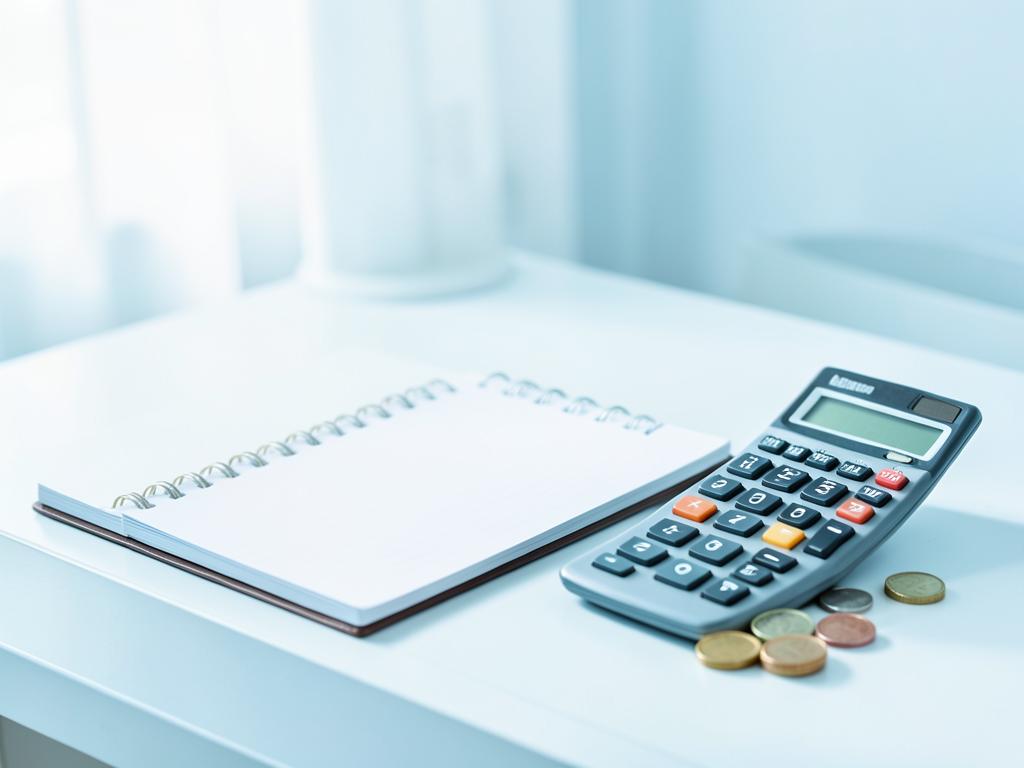 Caderno, calculadora e moedas sobre mesa clara