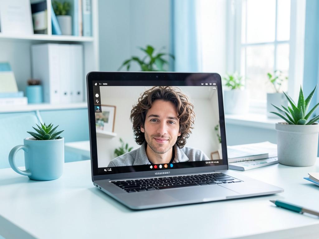 Escritório doméstico claro com notebook sobre a mesa
