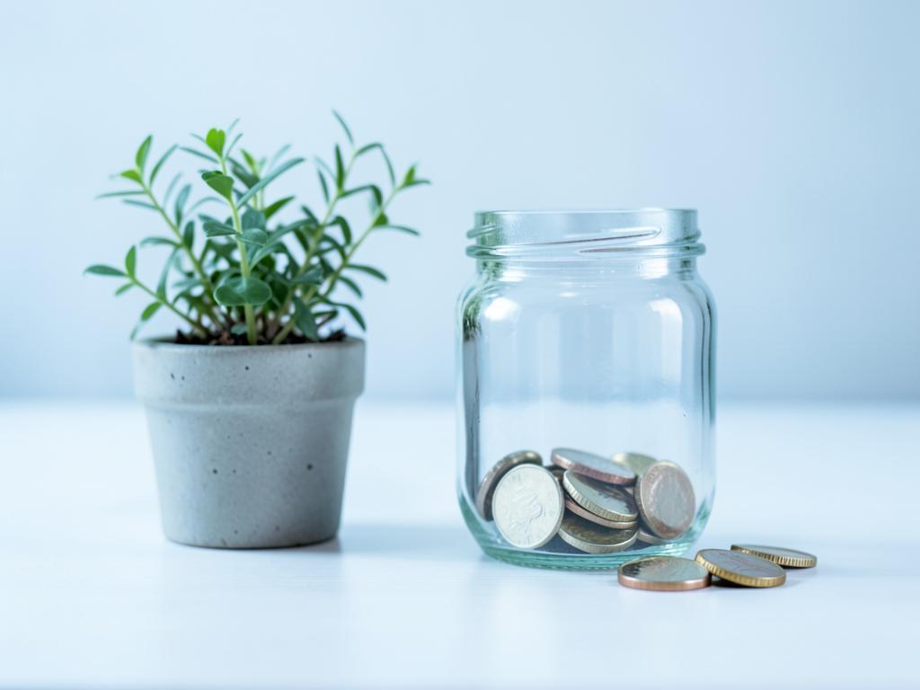Pote de vidro com moedas ao lado de pequena planta em mesa clara
