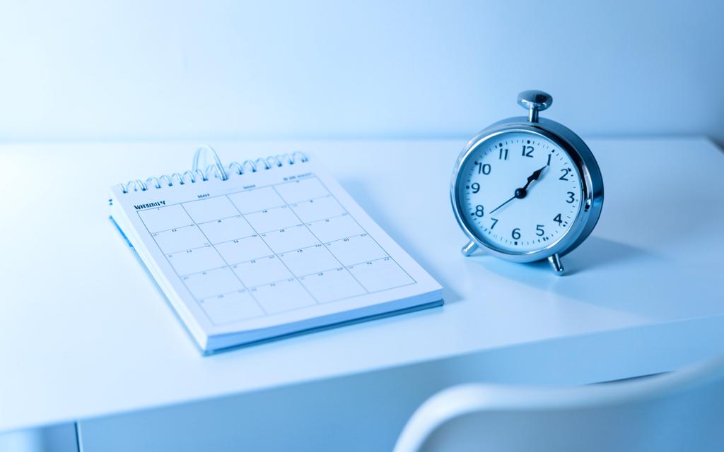 Planner e relógio despertador sobre escrivaninha clara